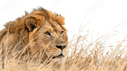 Lion stalking its prey in the savannah tall grass providing cover, white background for clipping