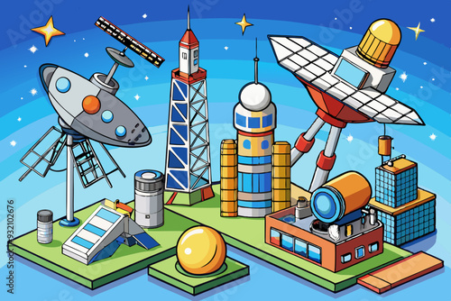 Telecommunication Antennas, Satellite Platforms, and Launch Systems art vector illustration