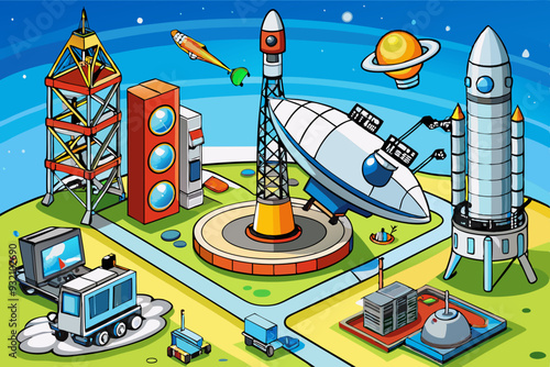 Telecommunication Antennas, Satellite Platforms, and Launch Systems art vector illustration