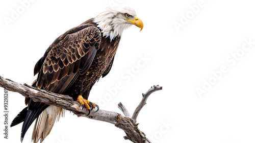 Eagle perched on a high branch looking down for prey, white background for clipping