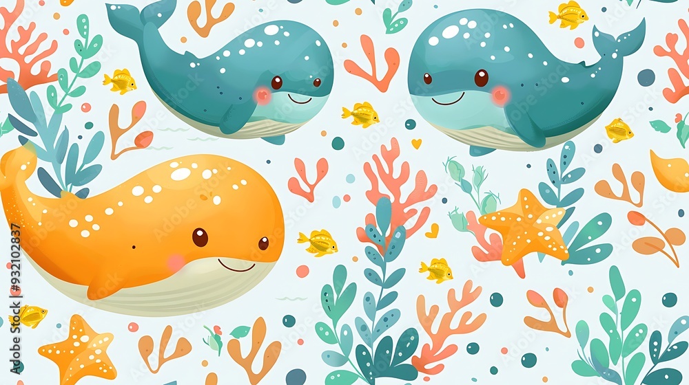 A seamless pattern of cute cartoon whales and starfish swimming through a tropical ocean, with colorful coral and gentle waves, rich ocean tones, soft shadows, hd quality, natural look. A seamless pattern of cute cartoon whales and starfish swimming through a tropical ocean, with colorful coral and gentle waves, rich ocean tones, soft shadows, hd quality, natural look.