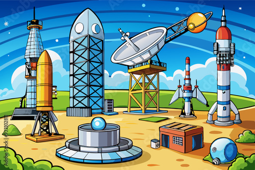 Telecommunication Antennas, Satellite Platforms, and Launch Systems art vector illustration