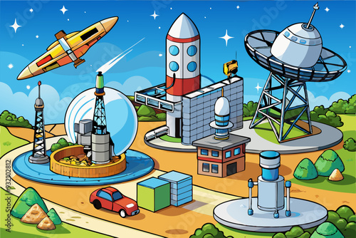 Telecommunication Antennas, Satellite Platforms, and Launch Systems art vector illustration