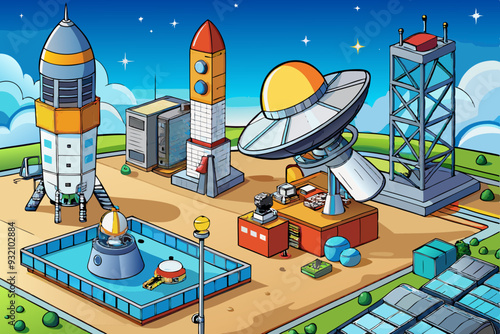 Telecommunication Antennas, Satellite Platforms, and Launch Systems art vector illustration