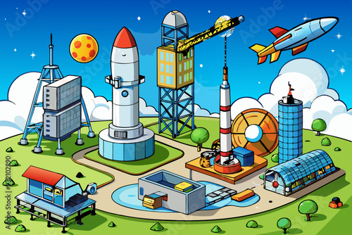 Telecommunication Antennas, Satellite Platforms, and Launch Systems art vector illustration