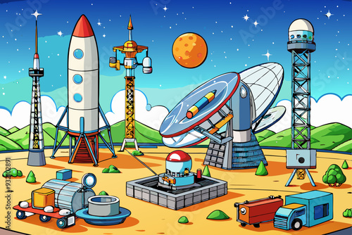 Telecommunication Antennas, Satellite Platforms, and Launch Systems art vector illustration