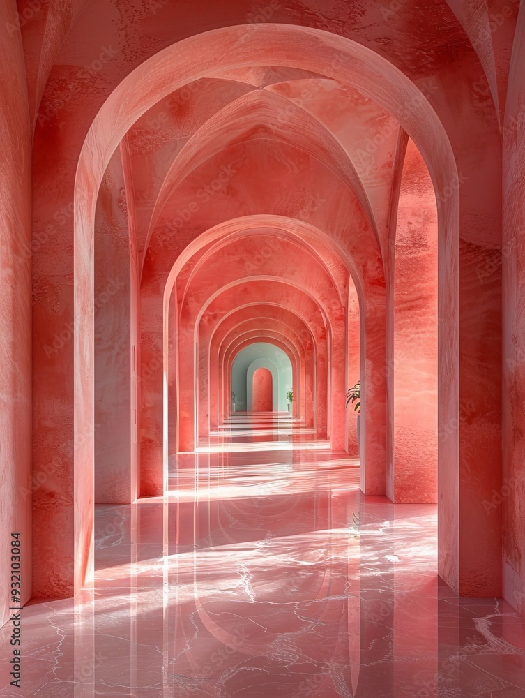 Fototapeta premium Minimalist arch architecture with peach tones and white floor design