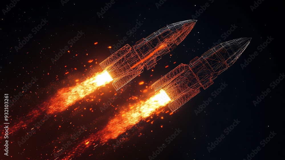 Fototapeta premium Interstellar Race of Futuristic Wireframe Rockets in Space - 3D Illustration with Angular Design