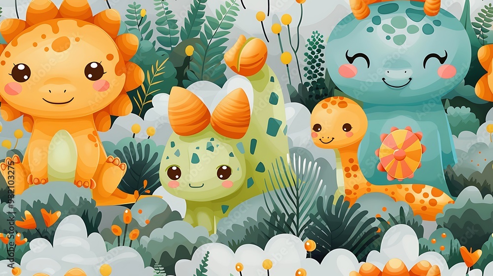 A seamless pattern of friendly cartoon dinosaurs like T-Rex, Triceratops, and Stegosaurus in a prehistoric landscape, earthy tones, playful dinosaur poses, rocky textures, light mist, hd quality, A seamless pattern of friendly cartoon dinosaurs like T-Rex, Triceratops, and Stegosaurus in a prehistoric landscape, earthy tones, playful dinosaur poses, rocky textures, light mist, hd quality,