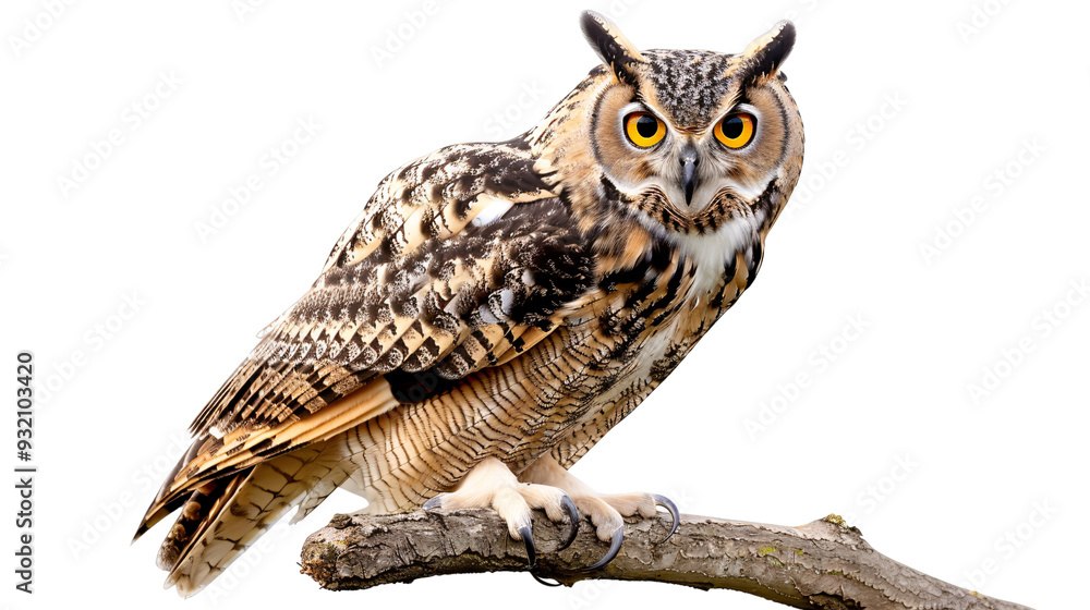 Fototapeta premium Owl perched silently watching for movement below, white background for clipping
