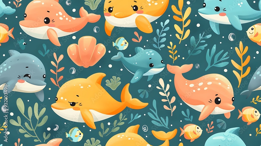Obraz premium A seamless pattern of friendly cartoon sea creatures like dolphins, turtles, and fish, swimming through coral reefs, vibrant blues, detailed coral textures, playful bubbles, hd quality, natural look.