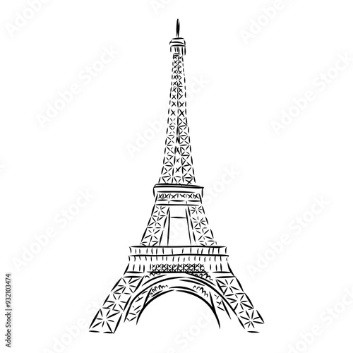 Eiffel tower in France straight view, doodle line sketch,