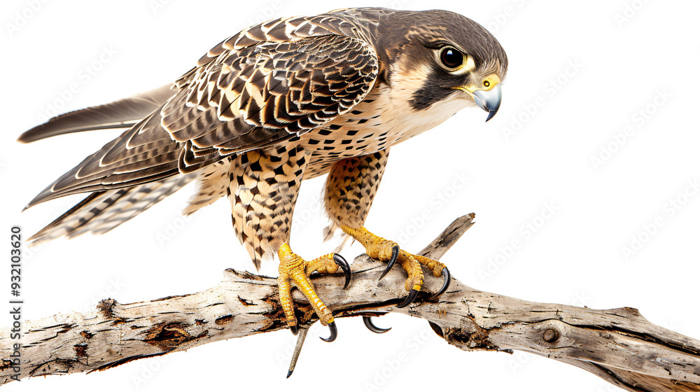 Falcon perched on a branch with a keen eye on the ground, white background for clipping Falcon perched on a branch with a keen eye on the ground, white background for clipping