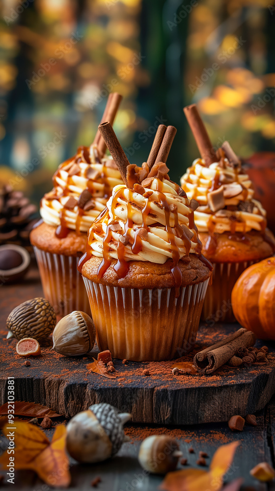Autumn-themed cupcakes topped with creamy frosting, caramel drizzle, and cinnamon sticks, surrounded by acorns, pumpkins, and autumn leaves, set in a rustic, woodland setting. Autumn-themed cupcakes topped with creamy frosting, caramel drizzle, and cinnamon sticks, surrounded by acorns, pumpkins, and autumn leaves, set in a rustic, woodland setting.