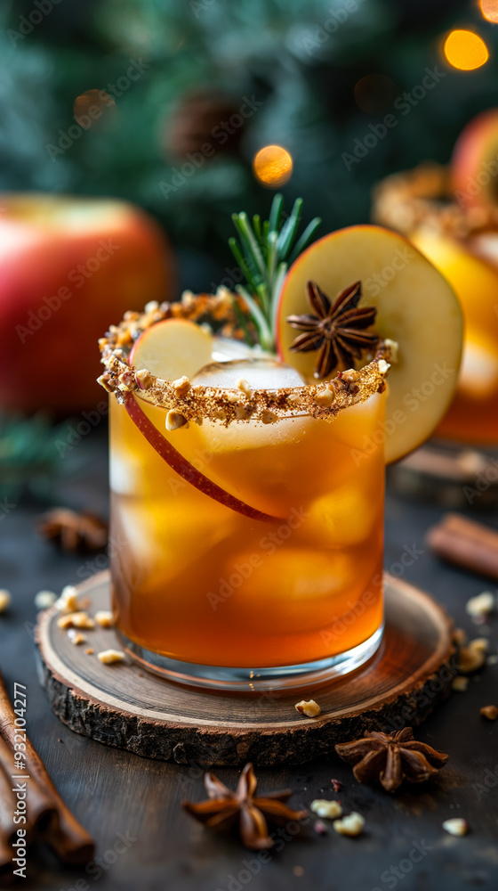 An autumn-themed apple cocktail garnished with apple slices, rosemary, and star anise, served in a glass rimmed with crushed nuts, capturing the essence of fall. An autumn-themed apple cocktail garnished with apple slices, rosemary, and star anise, served in a glass rimmed with crushed nuts, capturing the essence of fall.