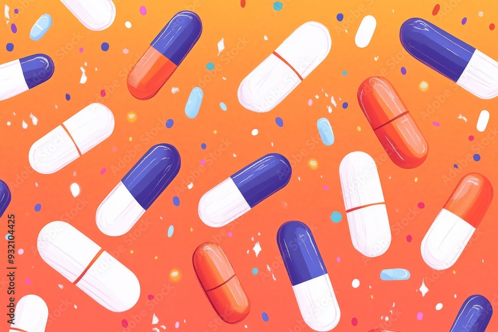 Dynamic and energetic pattern of red white and blue capsules on an orange background symbolizing the power and effectiveness of modern medication Dynamic and energetic pattern of red white and blue capsules on an orange background symbolizing the power and effectiveness of modern medication