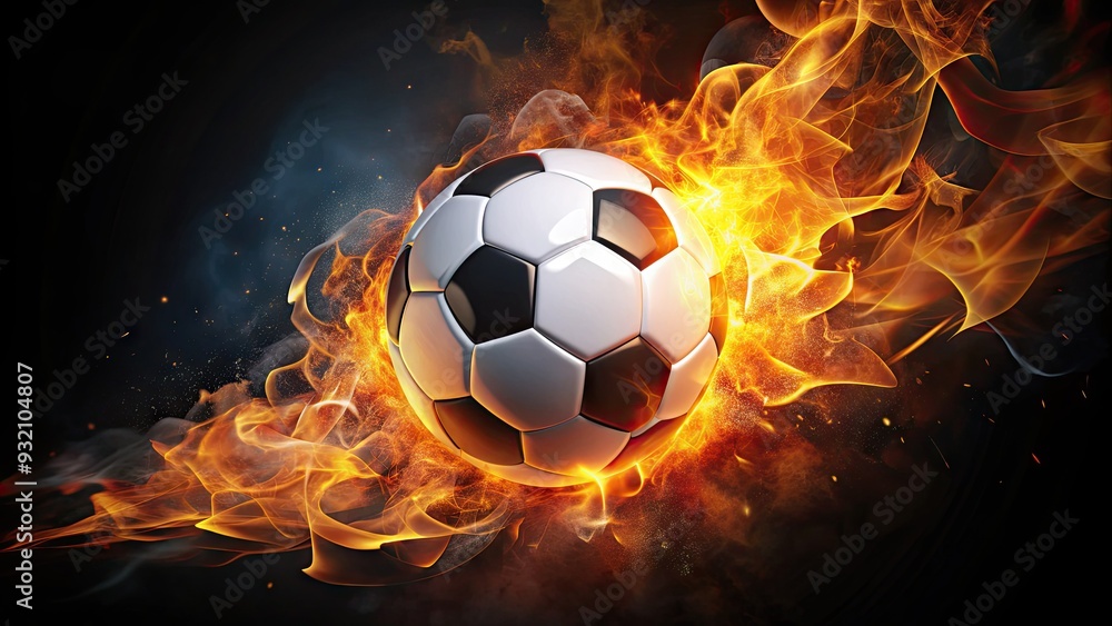 Naklejka premium Flaming soccer ball with a bold, abstract logo emblazoned on its surface, set against a dark background with fiery sparks and shadows.