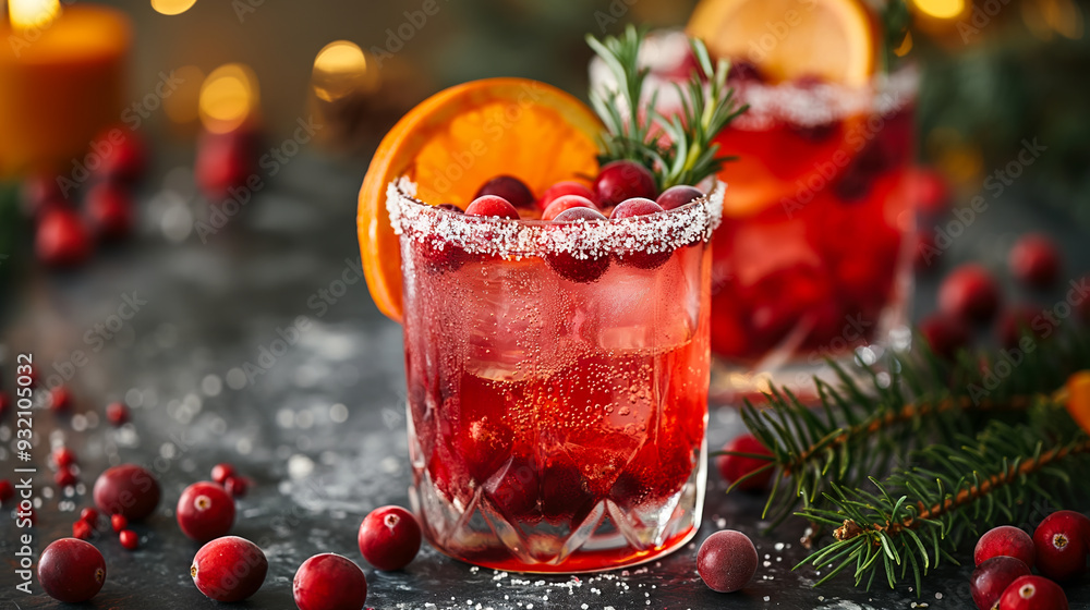 Two cranberry cocktails garnished with orange slices and rosemary sprigs, served in sugar-rimmed glasses, with scattered cranberries and a festive background. Two cranberry cocktails garnished with orange slices and rosemary sprigs, served in sugar-rimmed glasses, with scattered cranberries and a festive background.
