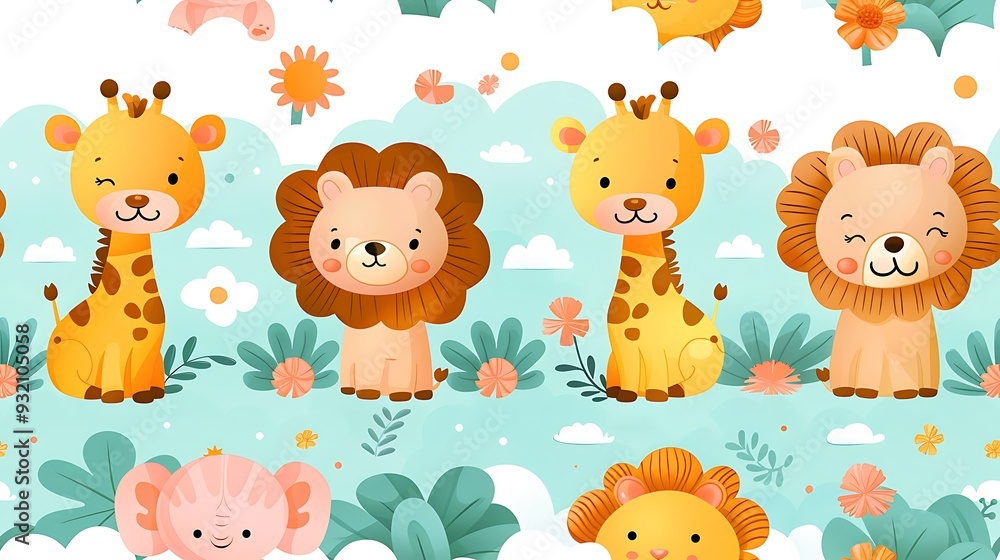 A seamless pattern of playful cartoon giraffes and lions chasing each other in the grassy savannah, with elephants watching from a distance, bright and warm colors, dynamic action, hd quality, A seamless pattern of playful cartoon giraffes and lions chasing each other in the grassy savannah, with elephants watching from a distance, bright and warm colors, dynamic action, hd quality,