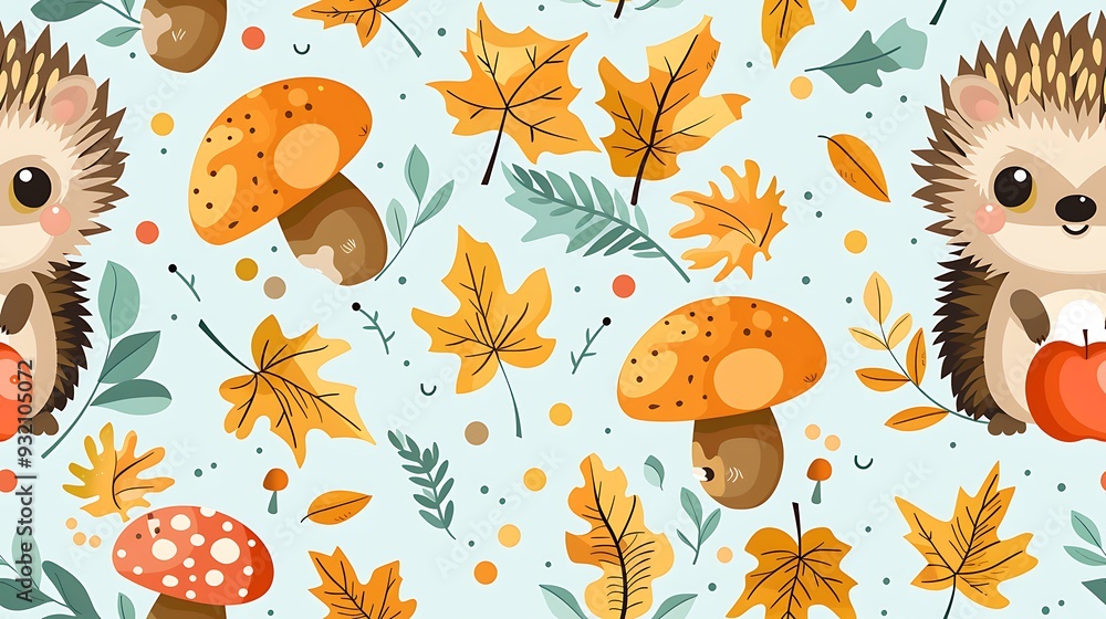 A seamless pattern of playful cartoon hedgehogs carrying apples and sitting under mushrooms, surrounded by colorful autumn leaves, warm colors, detailed fur and leaf textures, gentle shadows, A seamless pattern of playful cartoon hedgehogs carrying apples and sitting under mushrooms, surrounded by colorful autumn leaves, warm colors, detailed fur and leaf textures, gentle shadows,