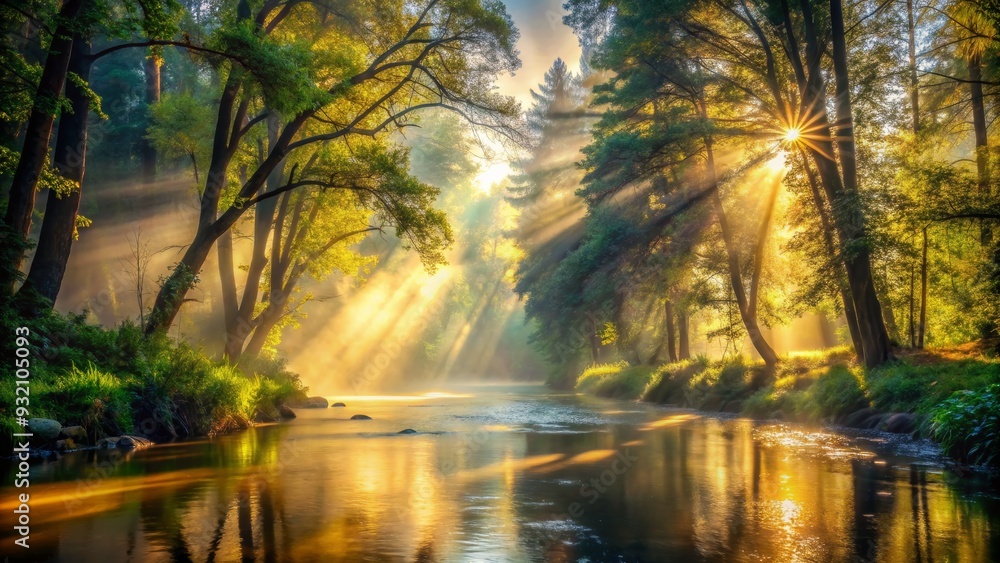 Golden Rays Through Forest Canopy, River, Sunbeams, Mist, Nature, , forest Golden Rays Through Forest Canopy, River, Sunbeams, Mist, Nature, , forest