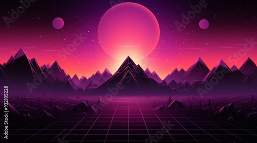 Synthwave Sunset Landscape: Geometric Mountains & Retro Grid