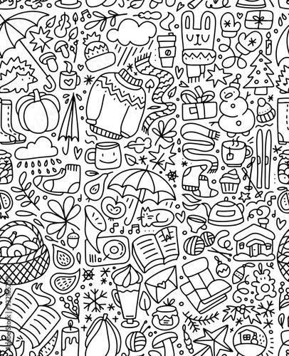 Doodle seamless pattern of hygge elements. Autumn and winter cozy things. Background for posters, prints, textiles, wrappers, wallpapers, surface design. Linear hand drawn vector illustration.