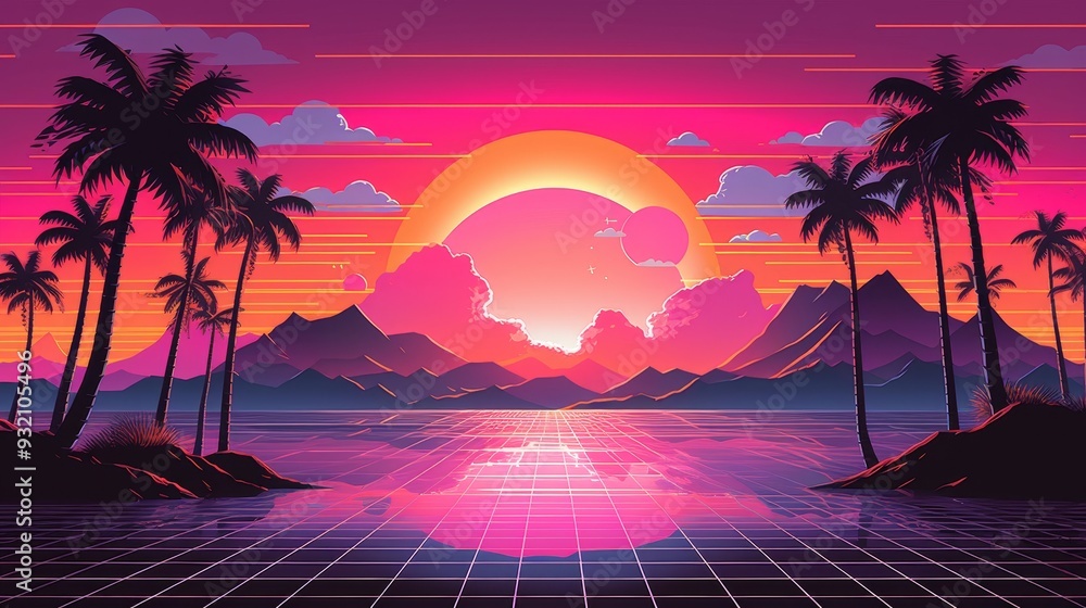 Naklejka premium Retro Sunset Landscape with Palm Trees and Mountains