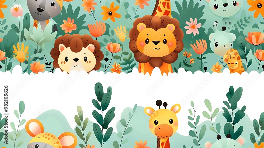 Naklejka premium A seamless pattern of playful cartoon lions, zebras, and giraffes wandering through the savannah, with tall grass and distant mountains in the background, warm earth tones, dynamic poses, hd quality,