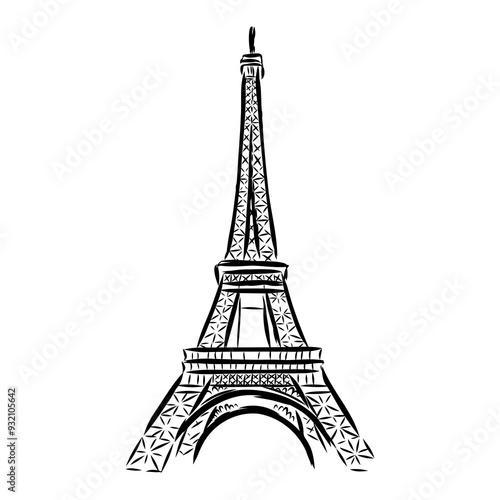 Eiffel tower in France straight view, doodle line sketch,