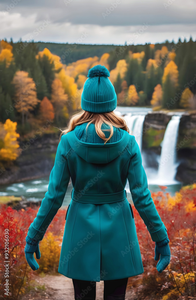 Woman fashion model in teal coat and beanie standing in autumn forest with waterfall, adventure and lifestyle concept, seasonal nature background