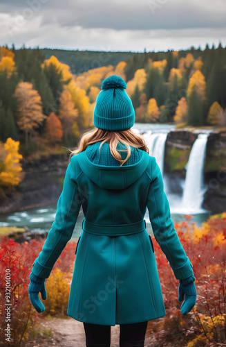 Obraz na płótnie Woman fashion model in teal coat and beanie standing in autumn forest with waterfall, adventure and lifestyle concept, seasonal nature background w salonie