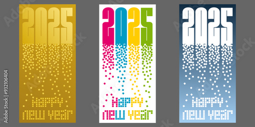 2025 - 3 versions de cartes de vœux de différentes couleurs avec un graphisme constitué d’une pluie de pixels pour fêter la nouvelle année.