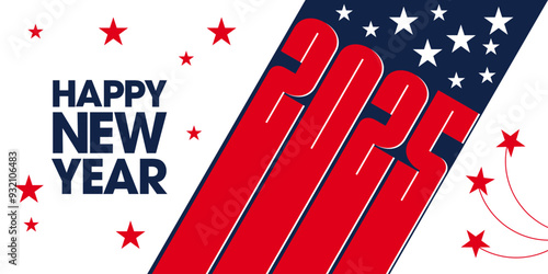 2025 - Bannière inspirée du drapeau américain au graphisme dynamique en biais pour pour souhaiter une bonne nouvelle année - texte anglais.
