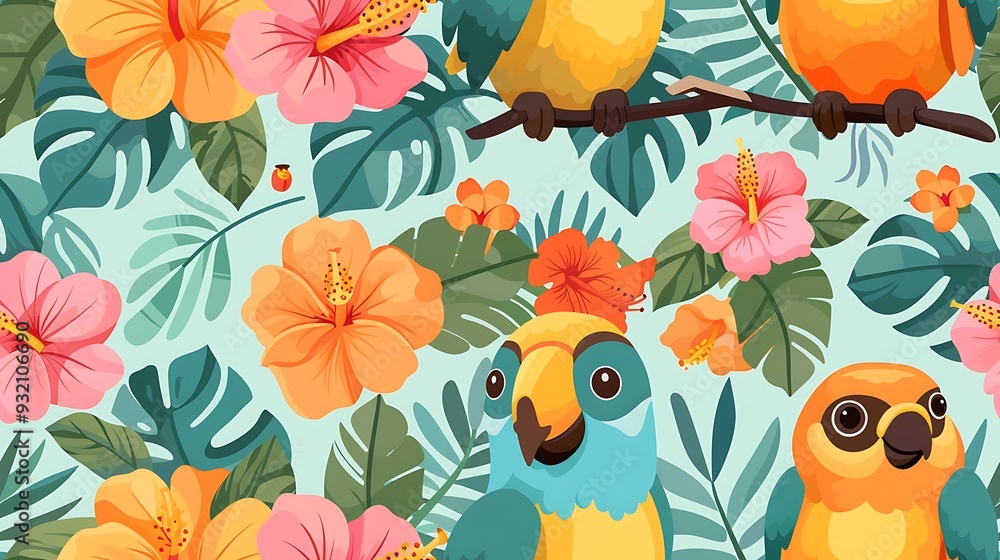 Obraz premium A seamless pattern of playful cartoon toucans and parrots with vivid plumage, sitting among palm leaves and hibiscus flowers, bright tropical colors, dynamic poses, detailed feather and leaf textures,