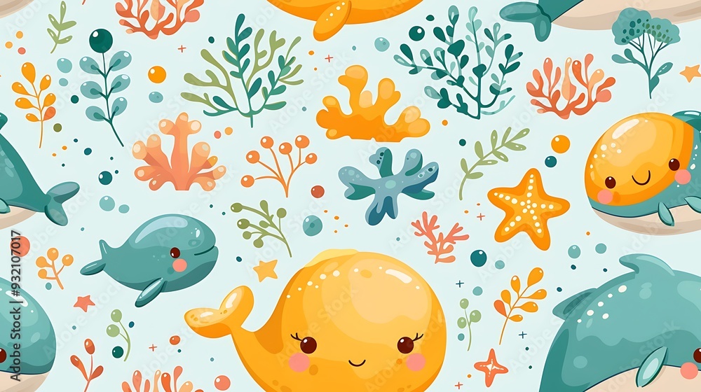 Fototapeta premium A seamless pattern of playful cartoon whales and dolphins swimming together in a bright blue sea, with starfish and coral in the background, rich oceanic colors, soft shadows, hd quality,