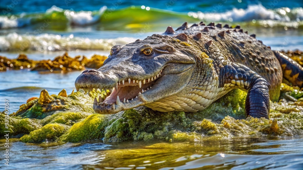Fototapeta premium a-large-crocodile-floating-under-seaweed-filled