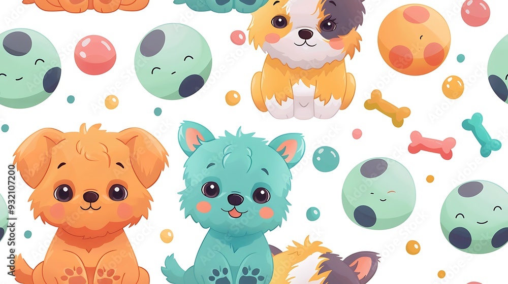 A seamless pattern of various cartoon puppies playing with colorful balls, bones, and chew toys, vibrant colors, detailed fur textures, soft shadows, hd quality, natural look. --ar 16:9 --v 6. A seamless pattern of various cartoon puppies playing with colorful balls, bones, and chew toys, vibrant colors, detailed fur textures, soft shadows, hd quality, natural look. --ar 16:9 --v 6.