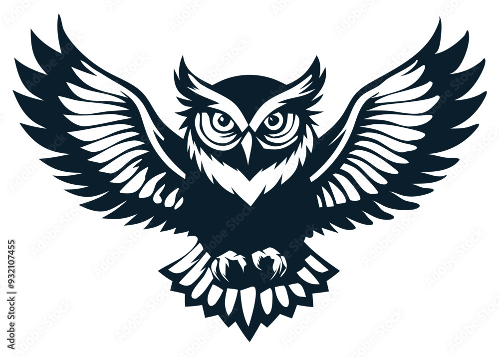 Silhouette vector illustration of an owl in flight with wings spread, bird of prey Silhouette vector illustration of an owl in flight with wings spread, bird of prey