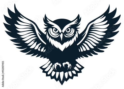 Silhouette vector illustration of an owl in flight with wings spread, bird of prey
