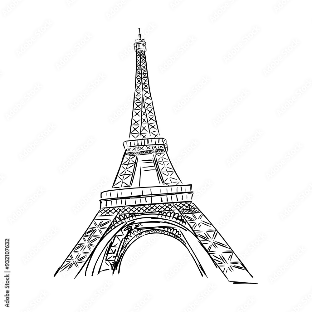 Obraz premium Eiffel tower in France straight view, doodle line sketch,