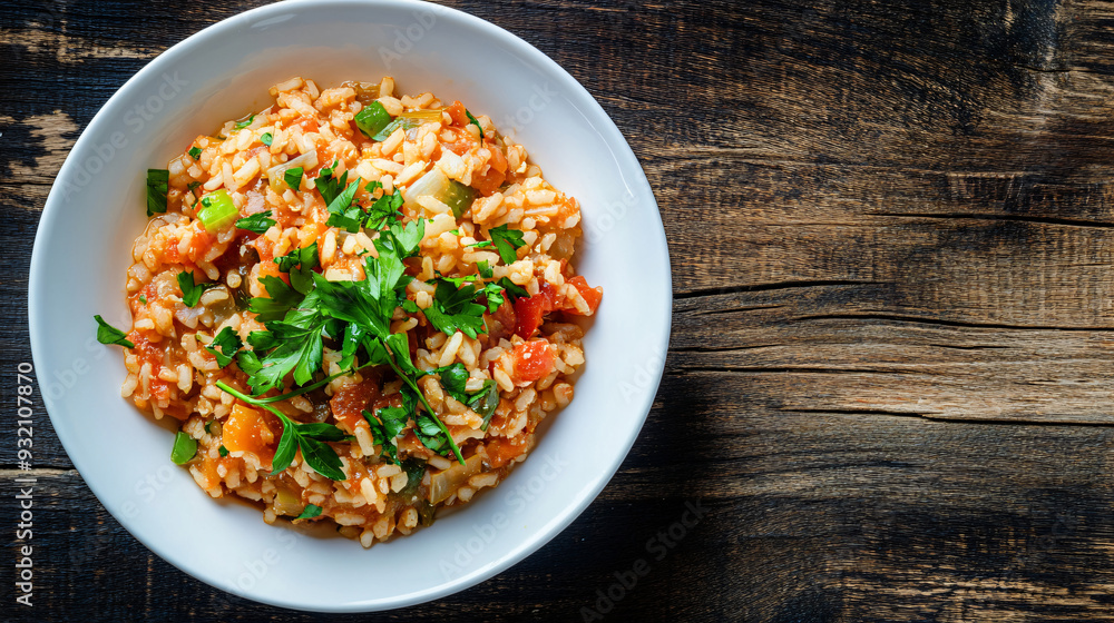 Cajun jambalaya with rice, tomatoes, peppers, and parsley served in a white bowl on a rustic wooden table Cajun jambalaya with rice, tomatoes, peppers, and parsley served in a white bowl on a rustic wooden table