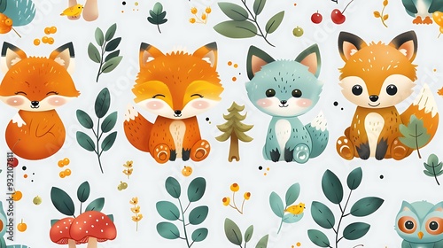 A seamless pattern of adorable cartoon bears and foxes playing among trees, with owls flying overhead, surrounded by berries and mushrooms, warm colors, detailed fur and feather textures, hd quality,