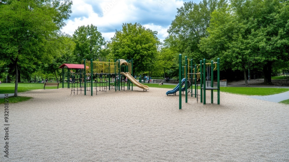 Kids enjoy a colorful playground with slides and climbing features surrounded by green grass and trees in this lively outdoor park environment Kids enjoy a colorful playground with slides and climbing features surrounded by green grass and trees in this lively outdoor park environment