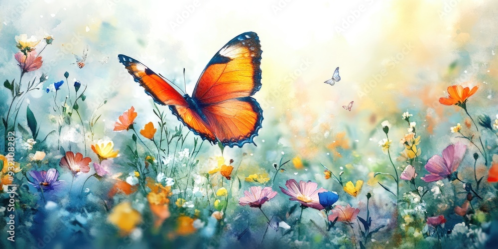 Watercolor Painting of a Butterfly in a Field of Flowers Watercolor Painting of a Butterfly in a Field of Flowers