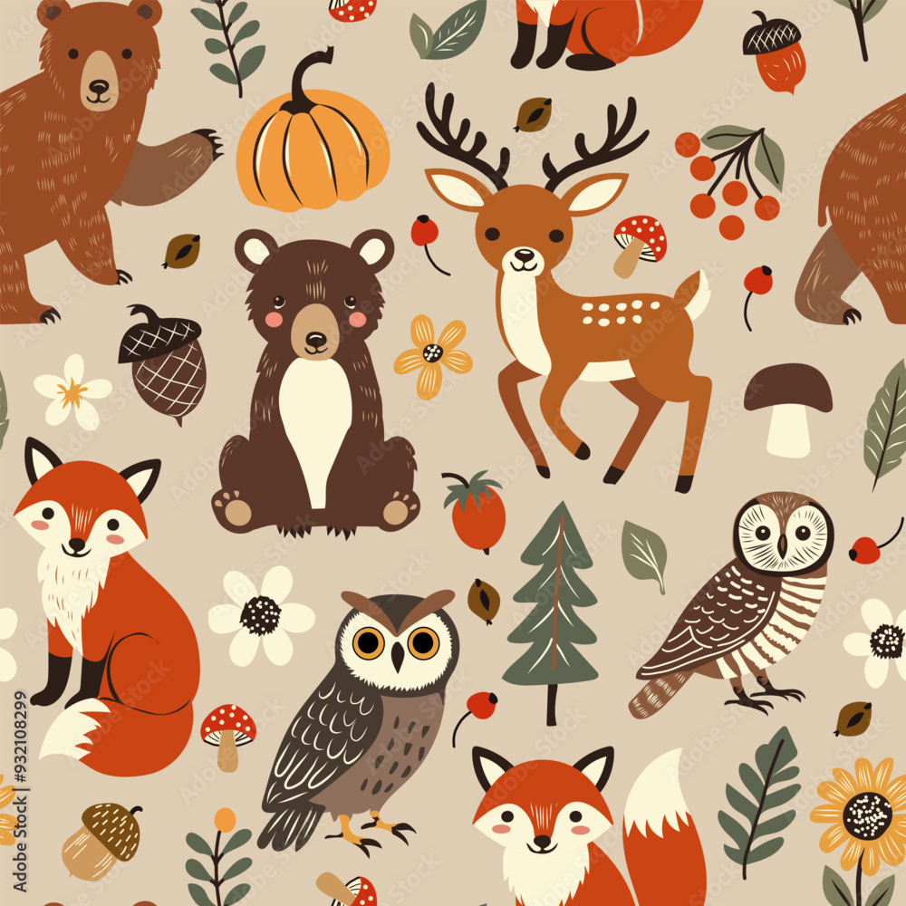 Seamless vector pattern with cute woodland animals, mushroom, berry and leaves. Perfect for textile, wallpaper or print design. Seamless vector pattern with cute woodland animals, mushroom, berry and leaves. Perfect for textile, wallpaper or print design.