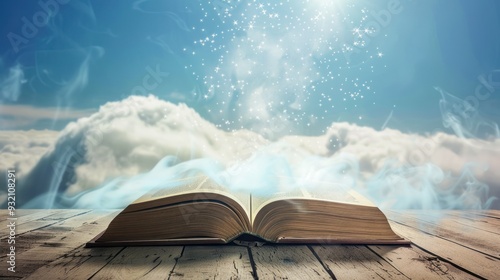 Open Book with Magical Smoke and Stars Above Clouds