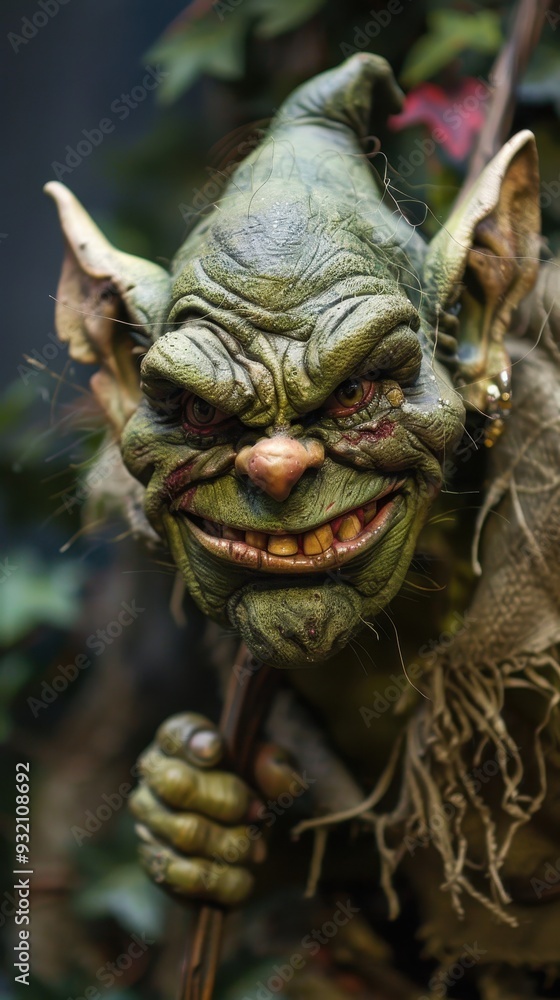 A green goblin with expressive facial features stands among foliage, grinning while gripping a wooden staff A green goblin with expressive facial features stands among foliage, grinning while gripping a wooden staff