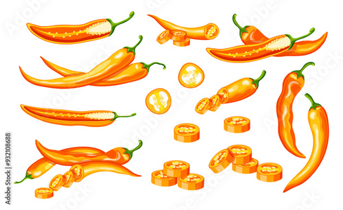 Set of hot orange chili peppers in cartoon style. Vector illustration of fresh and spicy chili peppers: whole, sliced, halves, with seeds, isolated on white background. Burning. Healthy vegetables.