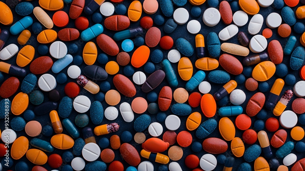Various Colorful Pills and Capsules on Dark Background Various Colorful Pills and Capsules on Dark Background